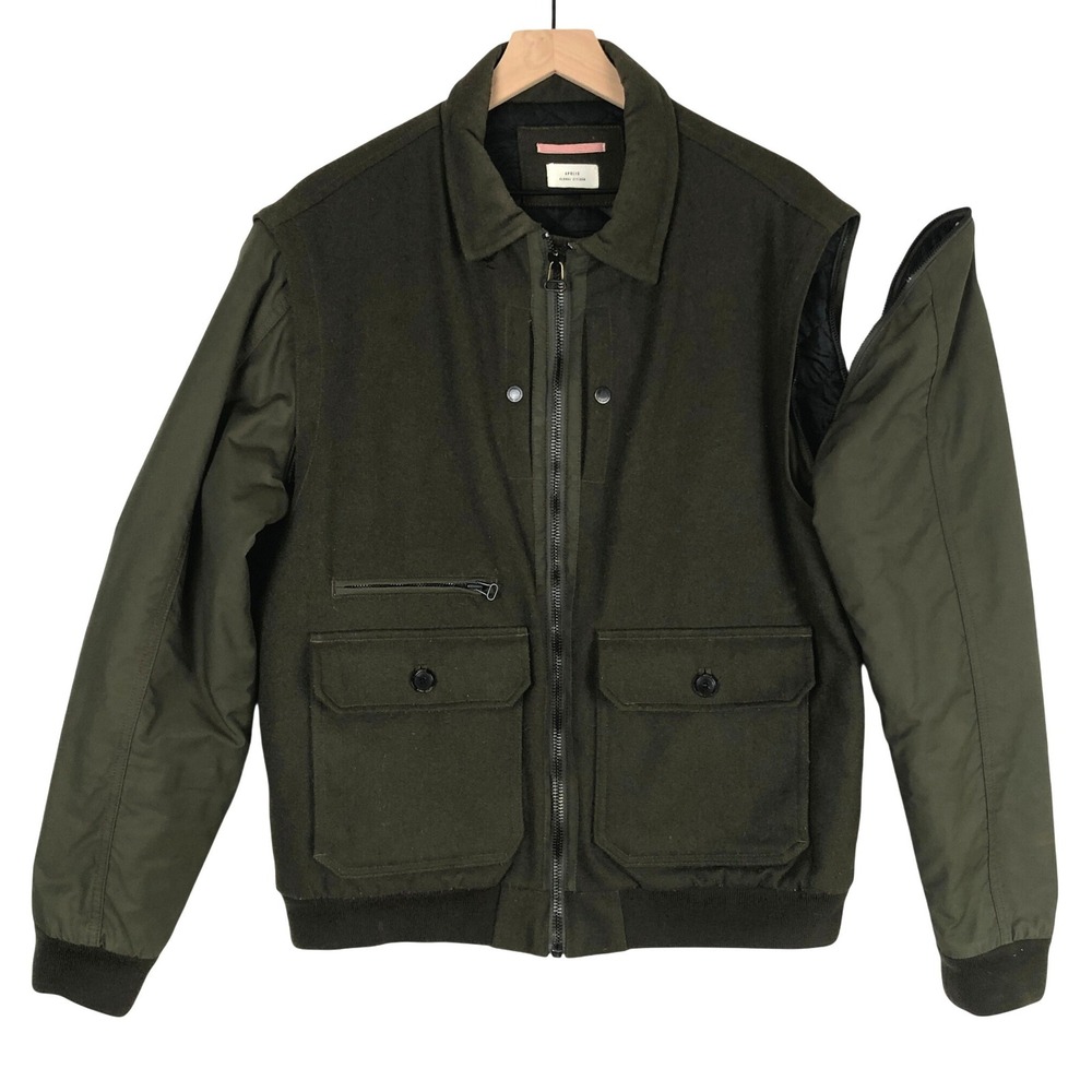 APOLIS Global Citizen Wool Cameraman Jacket Men's L Olive Green Zip Off Sleeves